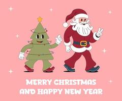 Groovy retro Christmas illustration. Holly jolly vibes. Christmas green and Santa Claus with happy smiling face. vector