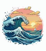 a drawing of a wave with a sailboat in the background. vector