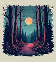 a forest path with a full moon in the background. vector
