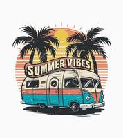 a drawing of a van with palm trees in the background vector