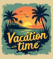 a poster for vacation time with palm trees and a sunset on the background. vector