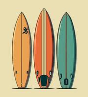 three different colored surfboards with one that says'surf'on it vector