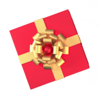 Top view of 3d red gift box with gold ribbon and bow isolated on transparent background. png