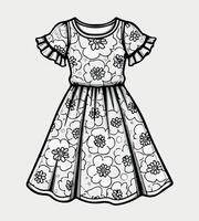 a black and white drawing of a dress with a flower pattern. vector