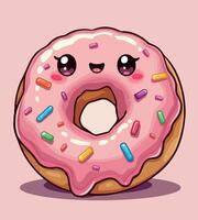 a pink donut with a happy face and a half - eaten heart. vector