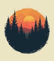 a sunset with pine trees and a round circle with a moon in the background. vector