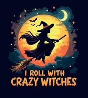 a witch with a witch on her hat is flying with witch witchs. vector