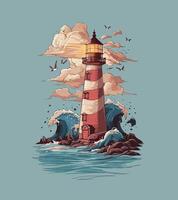 a lighthouse in the ocean with birds flying around it. vector