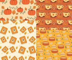 Cozy Autumn Seamless Pattern with Pumpkins Fall Beverages and Sweet Treats for Seasonal Warmth vector