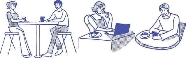 Halftone Style People Enjoying Coffee and Socializing in a Modern Cafe Scene vector