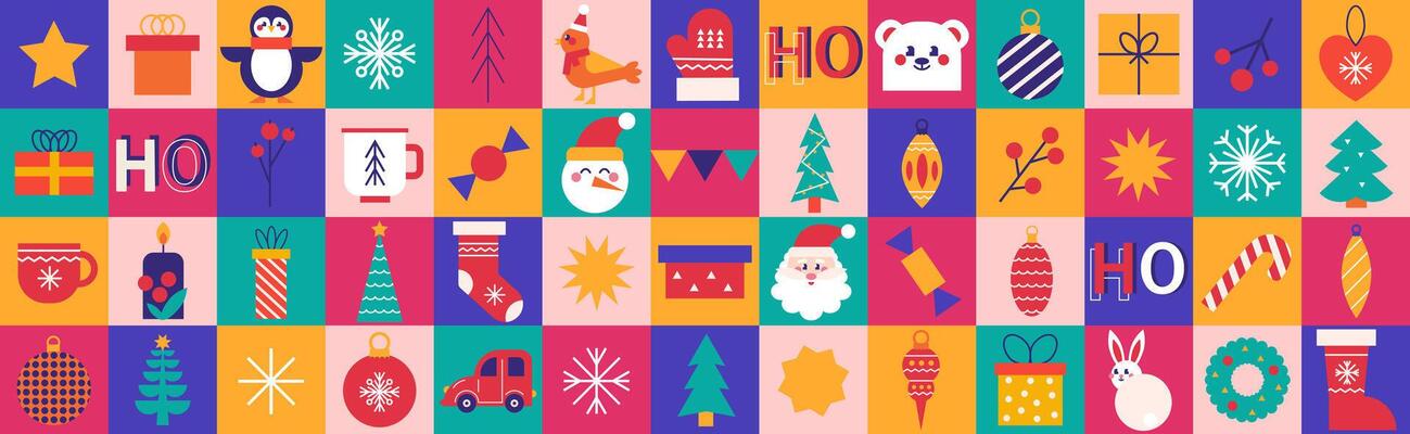 Merry Christmas and Happy New Year icons geometric modern background. Holiday season, contemporary abstract elements. Trendy design for banner, poster, card, wallpaper