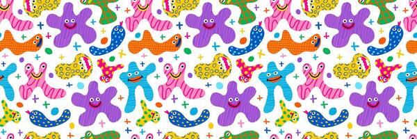 Seamless pattern abstract various funny creatures and doodle monsters or fantastic animals, cute colorful characters. Trendy hand drawn background vector