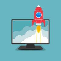 Computer monitor with a rocket flying out of the screen, startup business or project concept vector