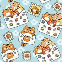 Seamless pattern cute tiger in paper mail have flower and leaf cartoon background.Message.Card.Wild animal character.Kawaii.Illustration. vector