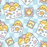 Seamless pattern of cute chicken in paper mail have clouds and rainbow cartoon background.Stamp.Message.Card.Good morning text.Farm animal character.Kawaii.Illustration. vector