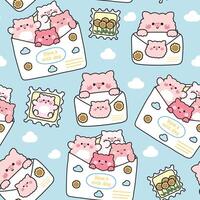 Seamless pattern of cute pig in paper mail have cloud and sunflower cartoon design.Stamp.Message.Card.Have a nice day text.Farm animal character.Kawaii.Illustration. vector