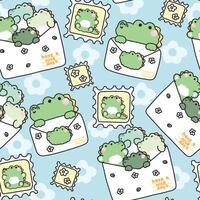 Seamless pattern of cute crocodile in paper mail have leaf and flower cartoon background.Stamp.Message.Card.Reptile animal character.Kawaii.Illustration. vector