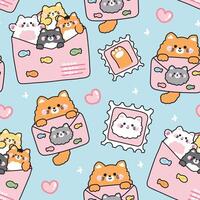 Seamless pattern of cute cat in paper mail have fish cartoon background.Heart.Stamp.Message.Card.Meow text.Pet animal character.Kawaii.Illustration. vector