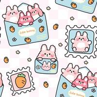 Seamless pattern of cute bunny rabbit in paper mail have carrot and flower cartoon background.Stamp.Message.Card.Rodent animal character.Kawaii.Illustration. vector