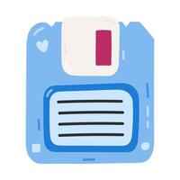 Cute cartoon floppy disk for information storage from 90s and 00s. Retro diskette for PC, computer memory as symbol of Y2k. Hand drawn magnetic disk isolated on white. Nostalgia for 1990s aesthetic. vector