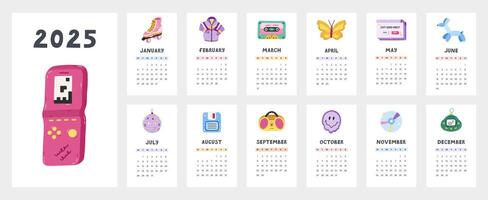 Cute calendar template for 2025 year with cartoon clipart of badges of Y2k aesthetics, 00s, 90s. Calendar grid with weeks starts on Monday. Horizontal monthly calender layout for planning vector