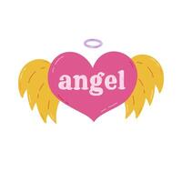 Cute pink cartoon heart with lettering Angel, wings and nimbus in Y2k aesthetic. Retro love symbol from 90s, 00s. Hand drawn simple heart with typography isolated on white. Nostalgia for 1990s vibes. vector