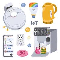 Cute cartoon set with smart devices for remote housework, coffee making, control light via smartphone. Hand drawn intelligence machine connected to network. Internet of things isolated collection. vector