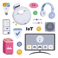 Cute cartoon set of smart devices for entertainment, cleaning house, regulate temperature and light, secure home. Hand drawn intelligence machine with remote control via telephone. Internet of things vector