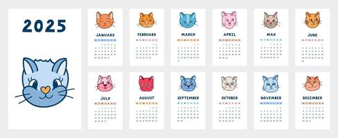 Cute calendar template for 2025 year with creative doodle of cat faces. Calendar grid with weeks starts on Monday for kids nursery or office. Horizontal monthly calender layout for planning. vector