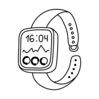 Cute outline wrist smart watch and fitness tracker showing day activity, steps, heartbeat. Intelligence device with display and silicone bracelet. Electronic hand accessory from Internet of things vector
