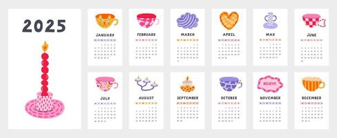 Cute calendar template for 2025 year with cartoon clipart of hand made pottery. Calendar grid with weeks starts on Monday for kids nursery. Horizontal monthly calender layout for planning. vector