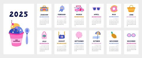 Cute calendar template for 2025 year with tropical summer illustrations. Calendar grid with weeks starts on Monday for kids nursery, corporate design. Horizontal monthly calender layout for planning. vector