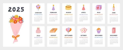 Cute calendar template for 2025 year with creative holiday illustration. Calendar grid with weeks starts on Monday for kids nursery or corporate design. Horizontal monthly calender layout for planning vector