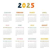 Cute minimal calendar template for 2025 year with weeks starts on Monday. Calendar grid with funky font for kids nursery, corporate office, stationery. Square monthly calender layout for planning vector
