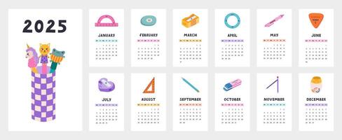 Cute calendar template for 2025 year with cartoon clipart of childish school stationery. Calendar grid with weeks starts on Monday for kids nursery. Horizontal monthly calender layout for planning vector