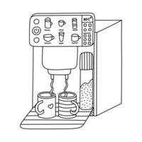 Cute doodle smart coffee machine making coffee in mugs, multiple buttons and settings. Hand drawn intelligence electric coffee maker. Professional automatic barista device to control via smartphone. vector