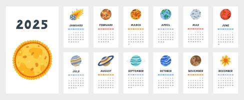 Cute calendar template for 2025 year with cartoon clipart of planets of Solar System. Calendar grid with weeks starts on Monday for kids nursery. Horizontal monthly calender layout for planning vector