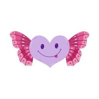 Cute cartoon heart with butterfly wings and smile emoji in Y2k aesthetic. Retro love symbol from 90s and 00s. Hand drawn simple heart with insect isolated on white. Nostalgia for 1990s vibes. vector