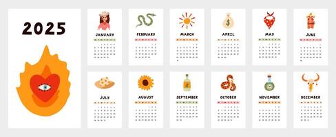 Cute calendar template for 2025 year with western and cowboy illustrations. Calendar grid with weeks starts on Monday for kids nursery, office. Horizontal monthly calender layout for planning. vector