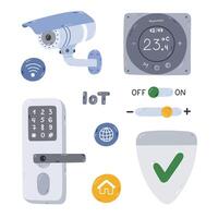 Cute cartoon set with security smart devices for home safety, surveillance, controlling via telephone. Hand drawn security camera, intelligence door lock, remote thermostat to protect property, house. vector