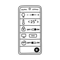 Cute doodle smartphone with mobile app for home automation, security. Hand drawn clipart of remote control for lock, temperature, house cleaning, light, TV. Internet of things isolated on white. vector