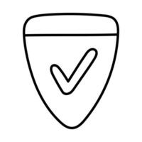 Cute outline doodle shield with check mark as symbol of protection. Hand drawn security shield with tick icon as sign of insurance, risk coverage, policyholder protection isolated on white background vector