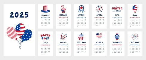 Cute calendar template for 2025 year with cartoon American symbols as hat, balloon, firework. Calendar grid with weeks starts on Monday for nursery. Horizontal monthly calender layout for planning vector