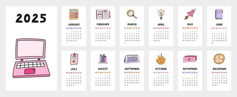 Cute calendar template for 2025 year with creative business doodles. Calendar grid with weeks starts on Monday for home or corporate office. Horizontal monthly calender layout for planning. vector