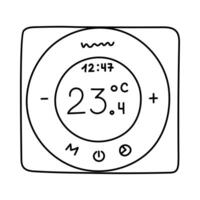 Cute outline smart thermostat for temperature regulation via smartphone. Hand drawn intelligence electronic heating system with indicators. Internet of things radiator isolated on white background. vector