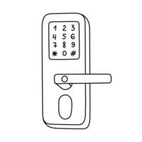 Cute doodle smart door lock with pin code, fingerprint and key access for safety, home protection. Hand drawn intelligence house security device isolated on white. Remote door locking via telephone. vector