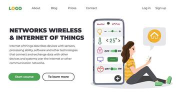 Web page design template with woman sitting leaning on big phone and control smart devices via phone. Cartoon concept of smart home and Internet of things for websites, landing pages, mobile apps. vector