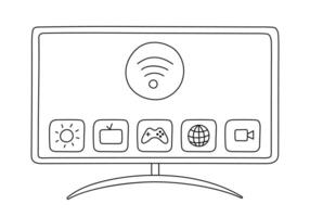 Cute doodle smart TV with internet and wireless control via smartphone. Hand drawn intelligence television display for watching , webinar, news. Internet of things device isolated on background. vector