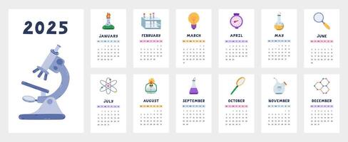 Cute calendar template for 2025 year with chemistry and laboratory cartoon clipart. Calendar grid with weeks starts on Monday for kids nursery. Horizontal monthly calender layout for planning vector
