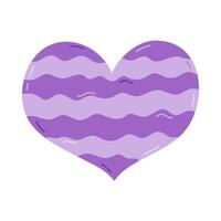 Cute purple cartoon heart with wavy horizontal lines in Y2k aesthetic. Retro love symbol from 90s and 00s. Hand drawn simple heart with print isolated on white background. Nostalgia for 1990s vibes. vector